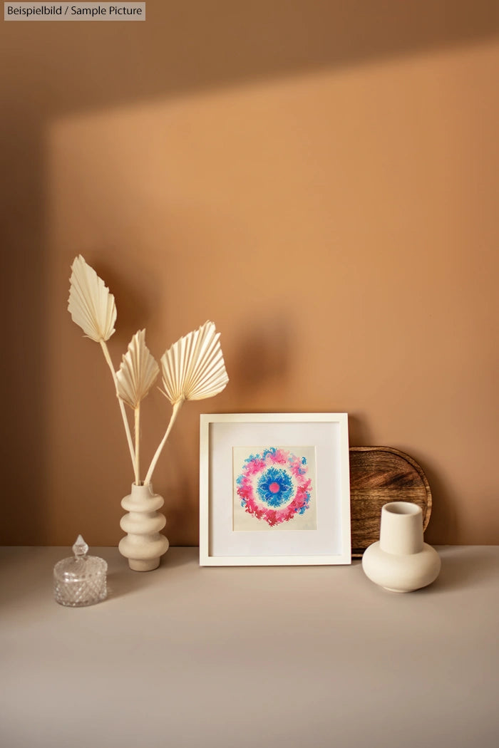 Minimalist still life with dried leaves, framed colorful mandala art, decorative vases, and a wooden tray on a table.