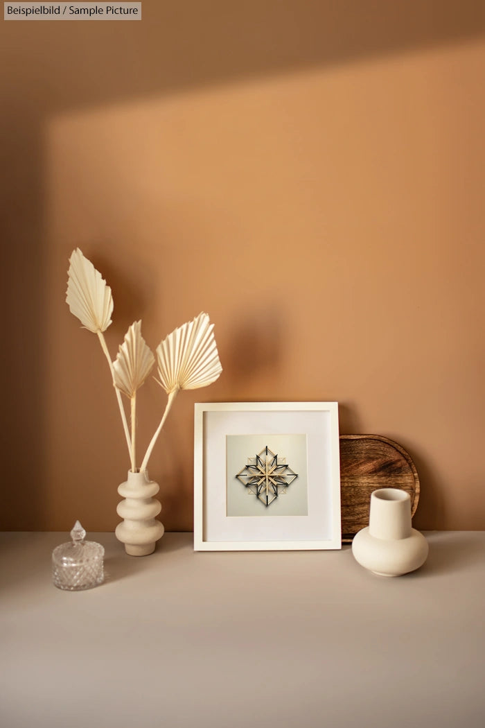 Elegant decor setup with geometric framed art, white vases, dried leaves, and a wooden tray on a beige background.