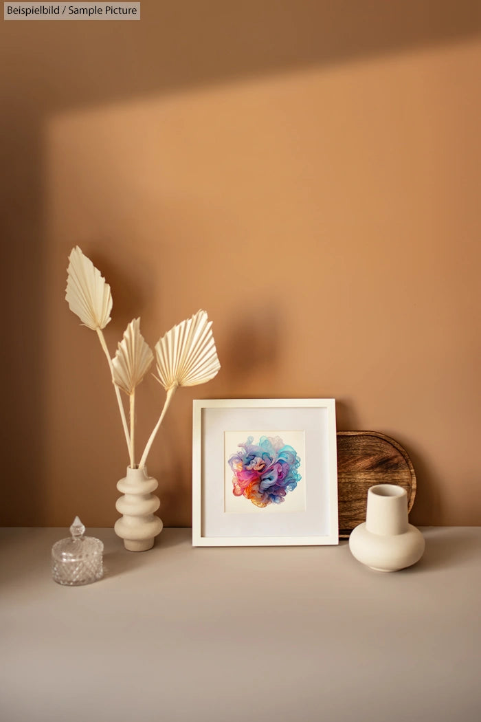 Modern interior with abstract art in a white frame, decorative vases, and dried flowers on a light brown background.