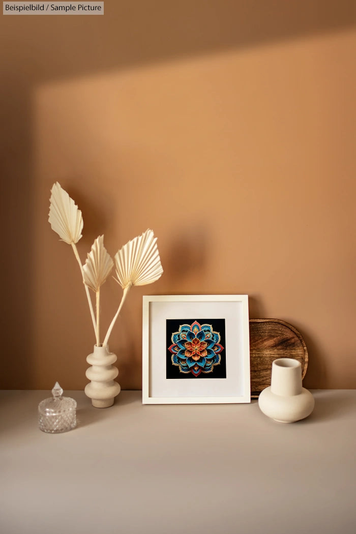 Decorative art on a table with white vases, leaves, and a wooden platter against a beige wall.