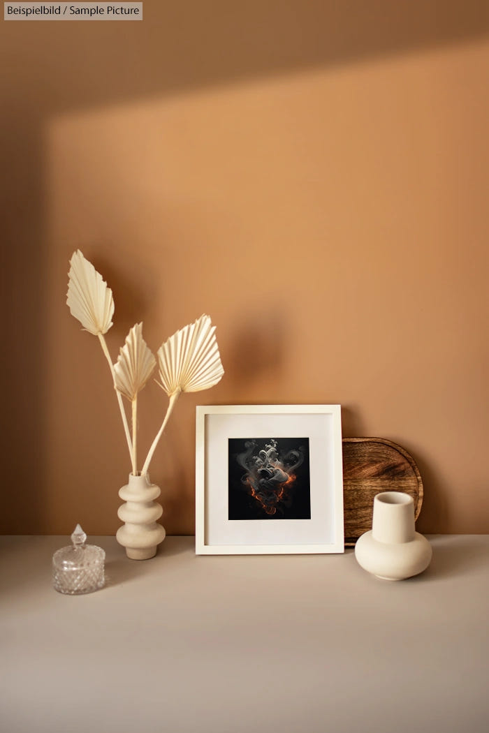 Minimalist still life with dried leaves, framed art, and ceramics on a beige background.