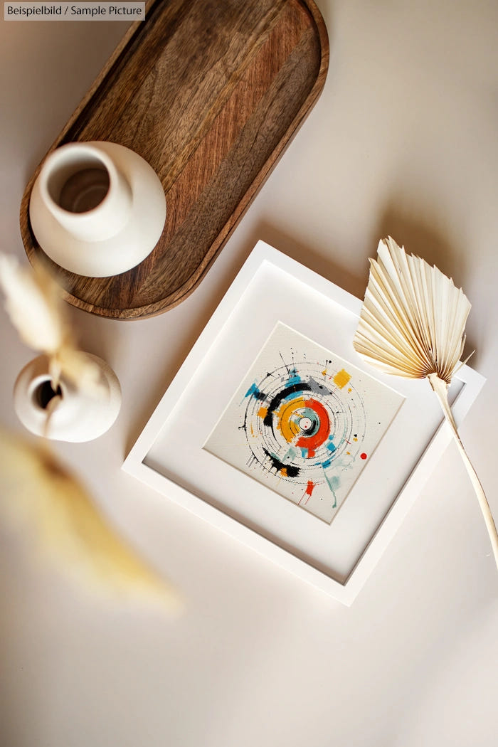 Minimalist arrangement with round abstract art, dried palm leaves, white ceramic vase, and wooden tray on a beige surface.