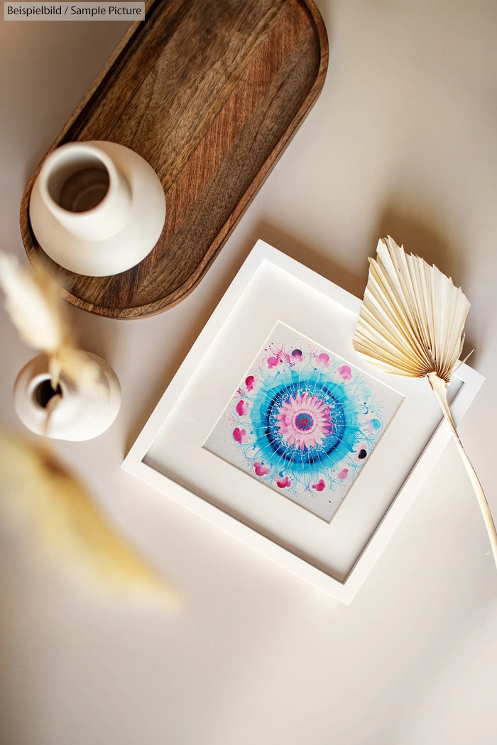 Artistic framed mandala print with pink and blue hues, surrounded by decorative ceramic vases and dried leaves on a table.