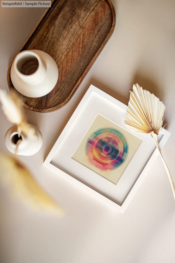 Decorative table setup with abstract art print, white vase, wooden tray, and dried palm leaves on a beige background.