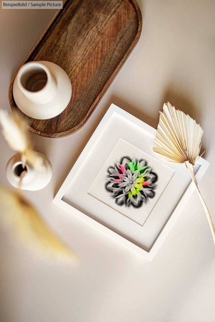 Decorative room setting with framed abstract flower art, wooden tray, white vases, and dried palm leaves on a table.