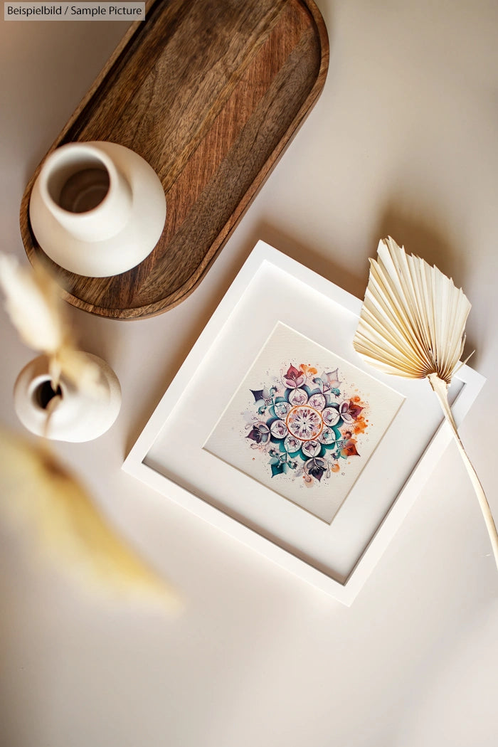 Framed floral artwork on table with vases and a wooden tray, captured from above in warm, soothing tones.