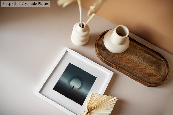 Minimalistic desk decor with vases, tray, framed abstract art, and open book against a beige background.