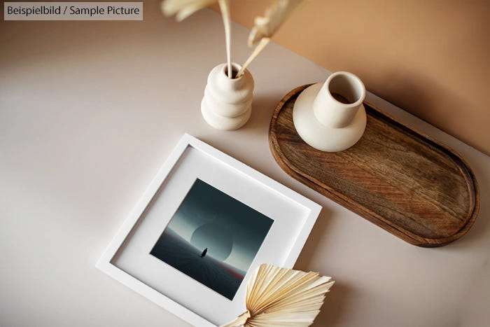 Minimalist photo of art print on table with vases and open book; art shows person walking towards large circular object.