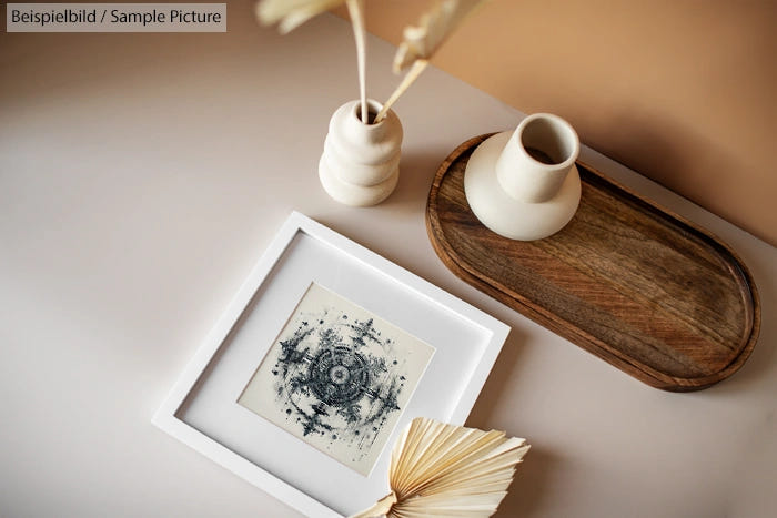 Minimalist tabletop with decorative vases, wooden tray, open book, and framed abstract art on a white surface.