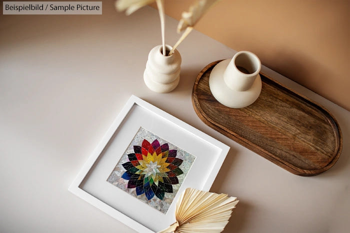 Decorative mandala artwork on table with vases, wooden tray, and an open book in minimalist setting.