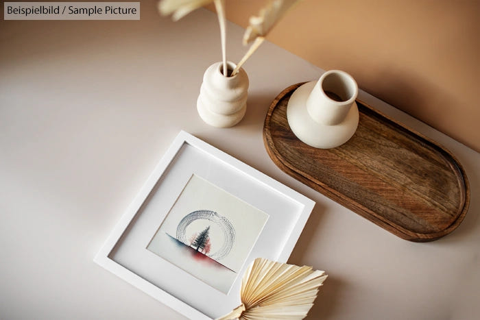 Minimalist desk with white framed art, beige vases, dried grass, wooden tray, and open book, against a tan wall.