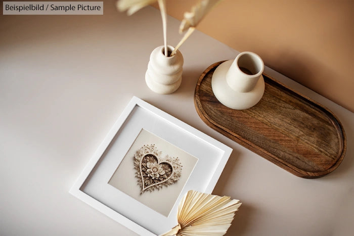 Decorative heart art in a frame, with vases and an open book on a white table.