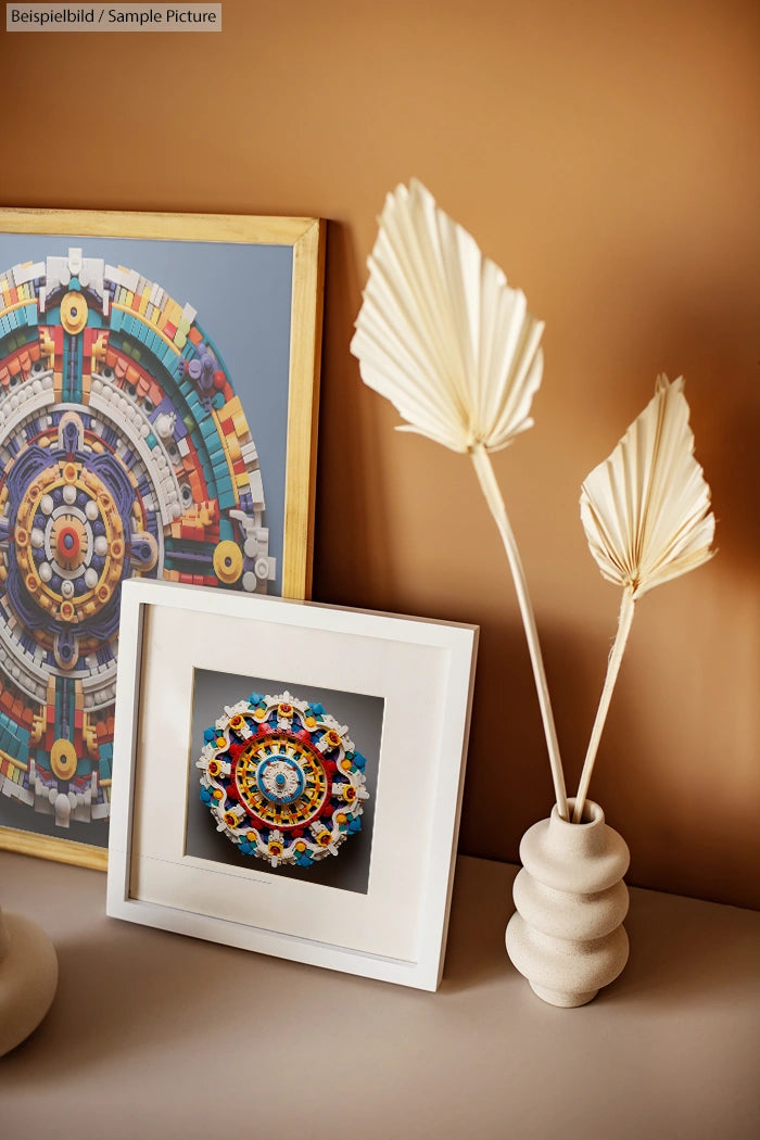 Decorative framed geometric art and abstract vase with dried leaves on a shelf against a beige wall.