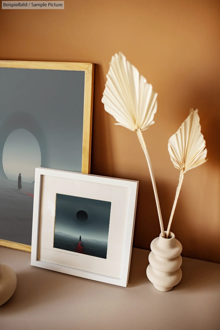 Modern minimalist decor with framed abstract art and a sculpted vase with dried leaves on a wooden surface.