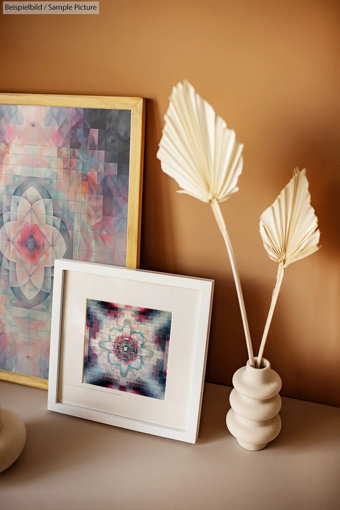 Framed abstract art with a vase of dried palm leaves on a wooden table against a beige wall.