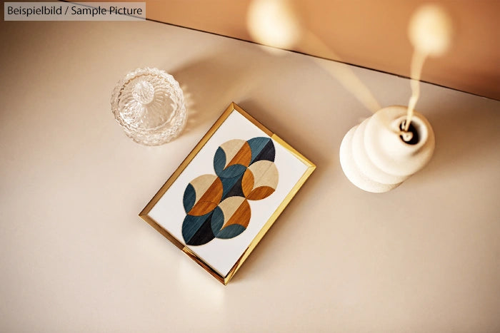 Decorative framed abstract leaf art on a table with a glass dish and modern vase.