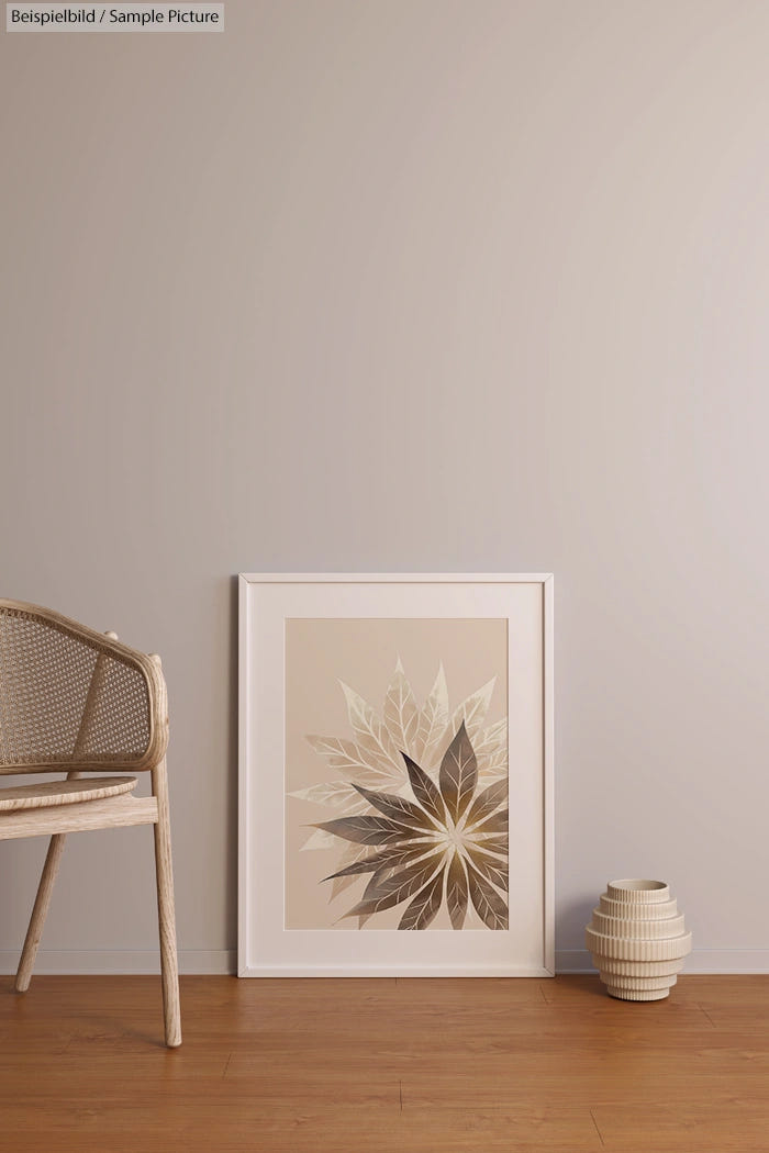 Minimalist interior with a wicker chair, framed geometric art, and decorative vase on wooden floor.