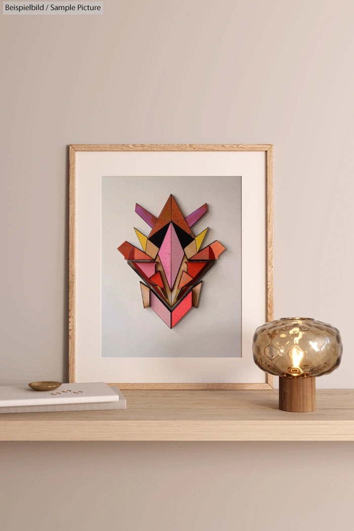 Geometric abstract artwork framed on a shelf next to a decorative lamp and a closed book.