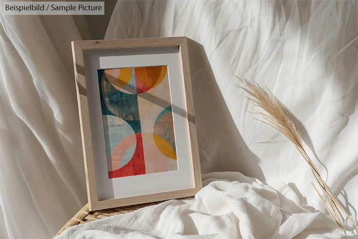 Framed abstract art with colorful circles, set against white drapes and dried wheat stalks in sunlight.