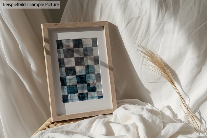 Framed geometric artwork with blue and gray squares on a fabric-draped surface, sunlight casting shadows.