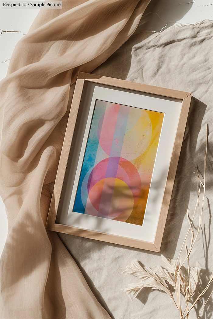 Framed abstract art with circular patterns in pastel colors on fabric background with dried twigs.