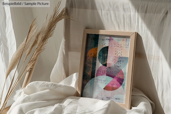 Framed abstract artwork with geometric shapes on fabric-draped surface, surrounded by dried pampas grass.