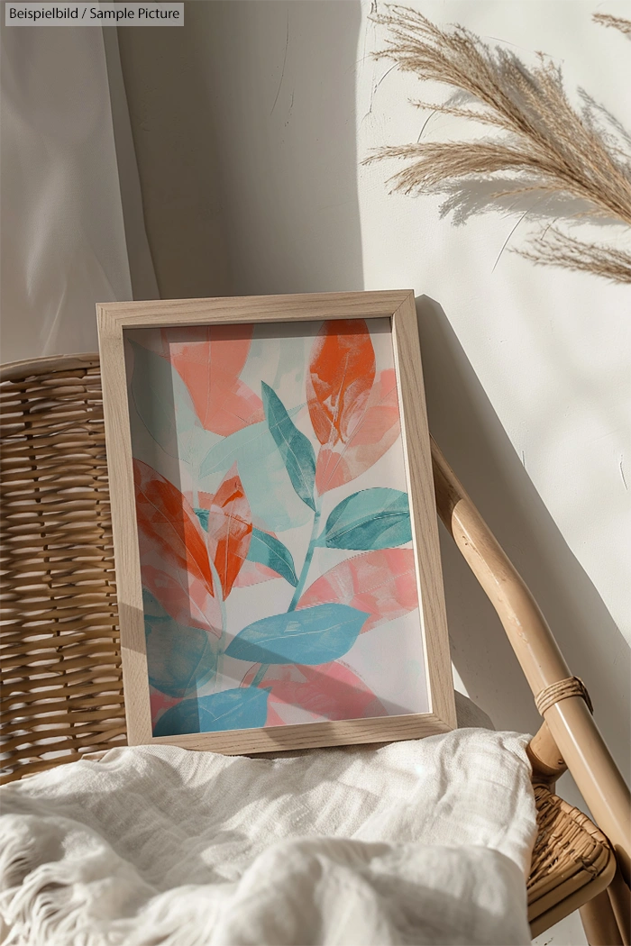 Framed abstract leaf painting with orange and blue hues on a wicker chair by a sunlit curtain.