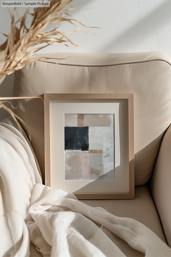 Framed abstract painting with beige, black, and white tones on a beige armchair with dried plants.