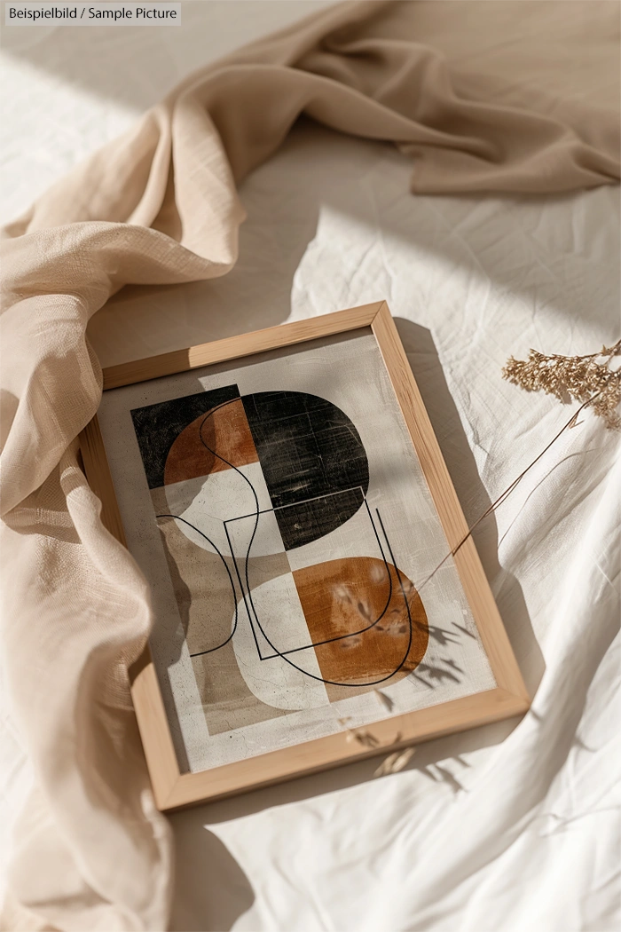 Framed abstract art with geometric shapes in brown and black on a white bed with beige fabric and dried flowers.