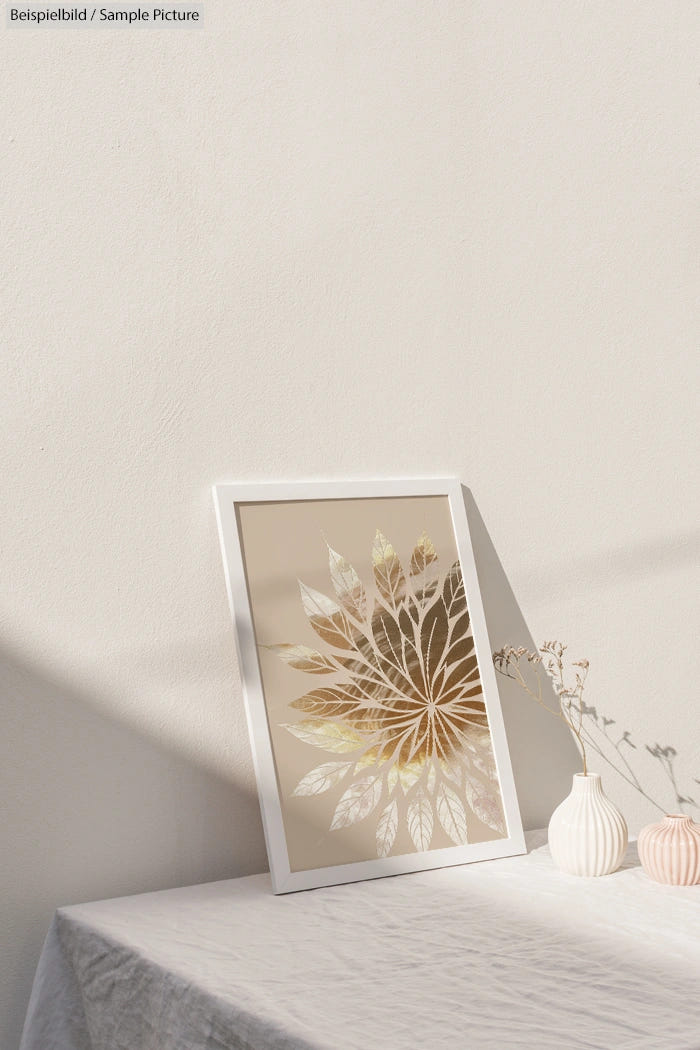 Sunlit wall with framed botanical print, shadow play, and minimalist decor on a textured tablecloth.