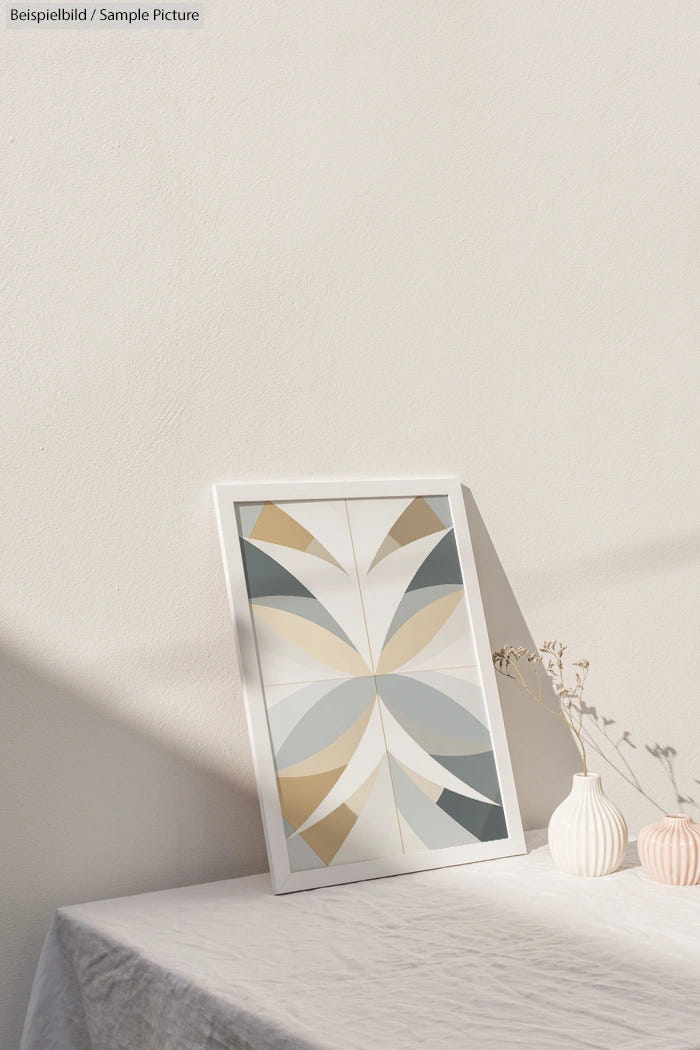 Framed geometric artwork on a table with minimal decor and a light wall background.