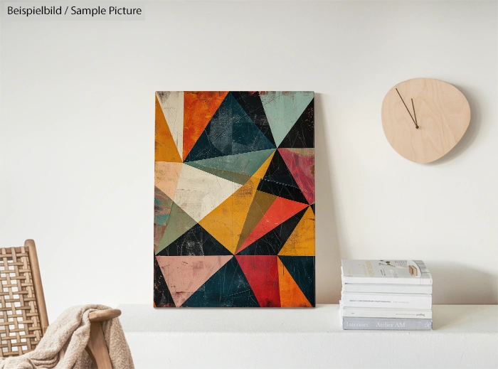 Abstract painting with geometric shapes and vibrant colors on a modern room wall, beside a clock and stacked books.