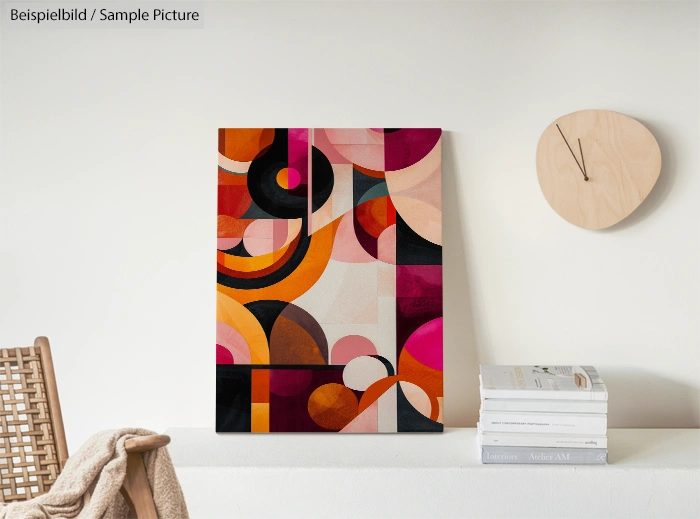 Abstract geometric art with colorful circles and shapes on canvas, resting on a minimalist shelf next to books and clock.