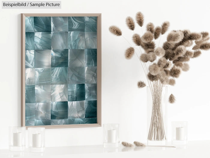 Blue abstract art in frame on white wall, with vase of beige dried flowers and white candles on table.