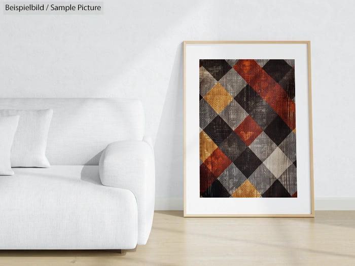 Framed geometric abstract print with gray, brown, and orange squares, next to a white sofa in a minimal living room.