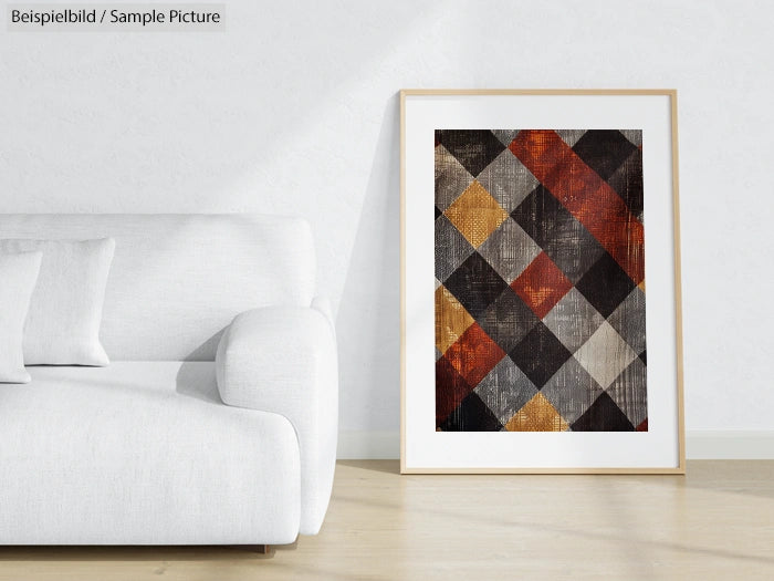 Framed geometric abstract print with gray, brown, and orange squares, next to a white sofa in a minimal living room.