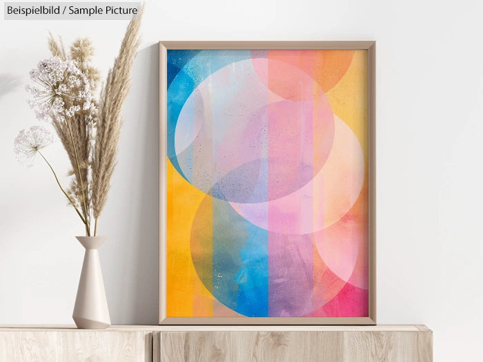 Abstract geometric painting with overlapping circles in pastel colors. Vase with dried flowers beside the frame.