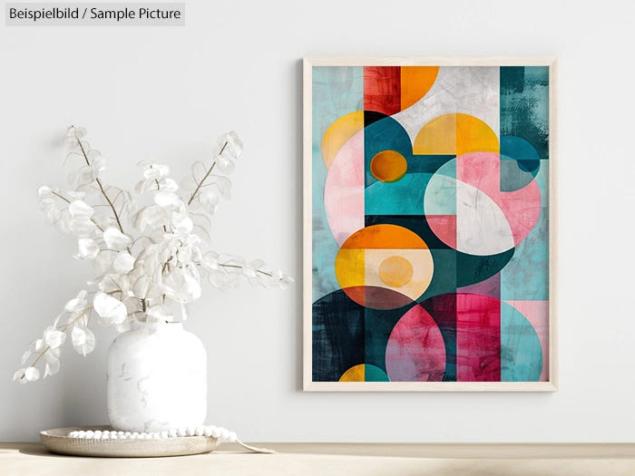 Framed abstract geometric art with colorful circles on wall, next to white vase with branches.