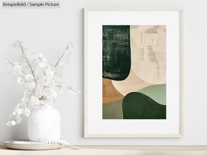 Framed abstract art with green, beige, and brown curves on white wall, next to a vase with white flowers.