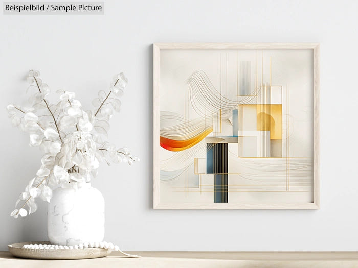 Modern abstract artwork with geometric shapes and lines in a wooden frame next to a white vase with flowers.