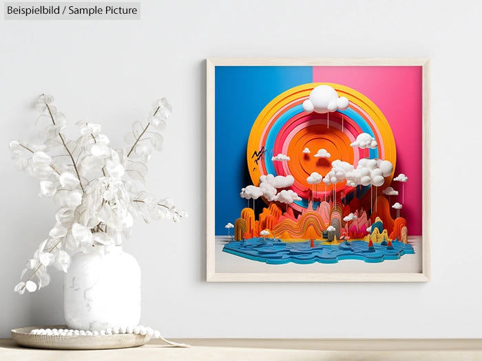 Colorful 3D art in a wooden frame, featuring vibrant rainbows, clouds, and abstract landscape on a pink and blue background.