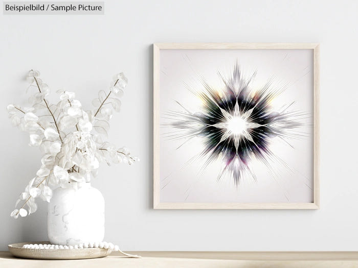 Modern abstract artwork with radiating spikes in black and white, framed on a light wall next to a white floral vase.