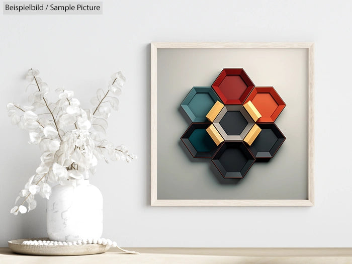 Modern hexagonal wall art with colorful geometric design next to a vase with white flowers on a neutral wall.