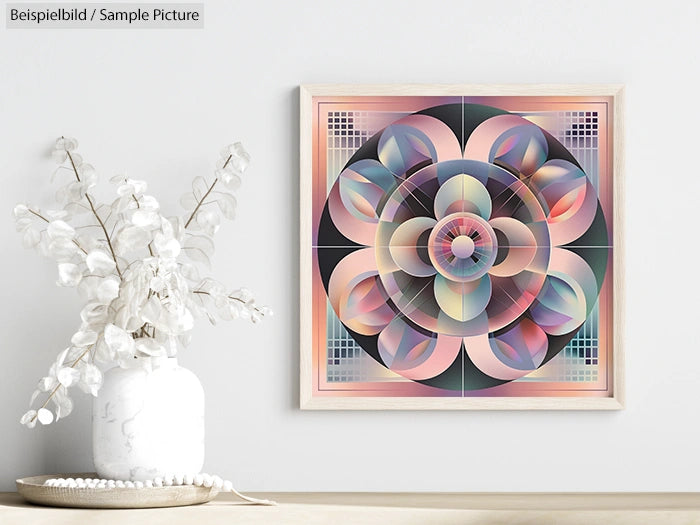 Colorful geometric mandala artwork in wooden frame on a wall, with a white vase of decorative branches nearby.