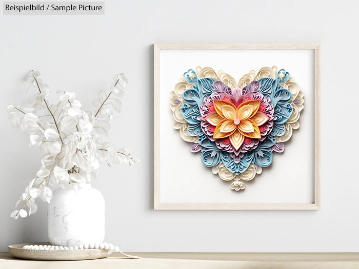 Framed heart-shaped quilling art with floral design on wall beside white vase with dried flowers.