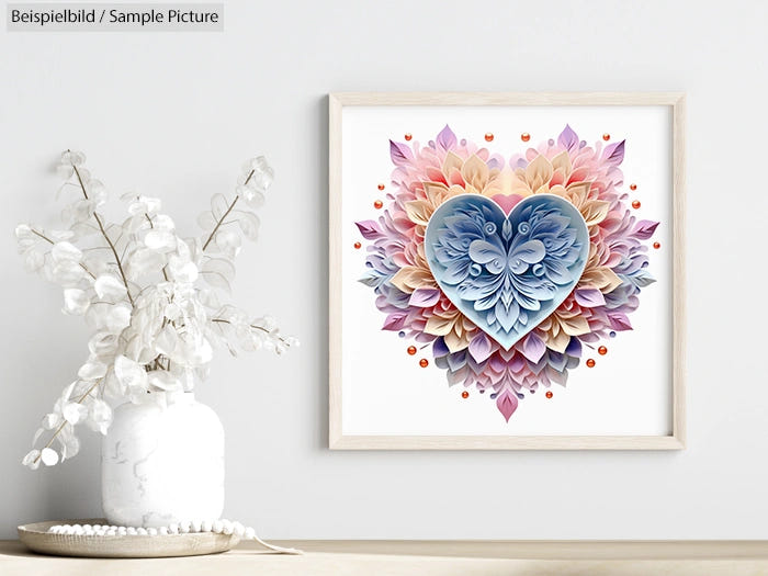 Framed artwork featuring a heart-shaped floral design in blue and warm tones, displayed on a white wall beside a vase.