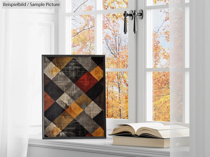 Patchwork quilt art on stand by a window with fall foliage view and an open book, sheer curtains partially drawn.