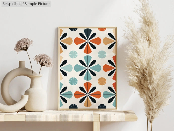 Framed geometric art with colorful floral patterns on a wooden shelf, flanked by vases with pampas grass and flowers.