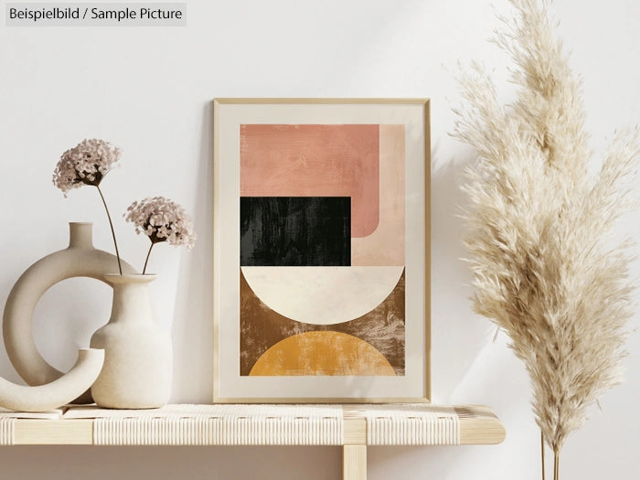 Modern abstract art in frame with geometric shapes; pampas grass and vase on wooden shelf beside.