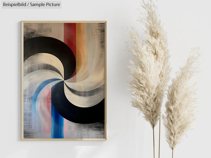 Abstract art with swirling black, white, blue, and red bands beside fluffy pampas grass against a white wall.